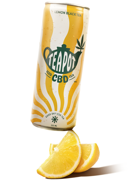 PDP_lemon-black-tea-CBD A can of TeaPot 20MG CBD Lemon Black Tea balancing on cut lemons