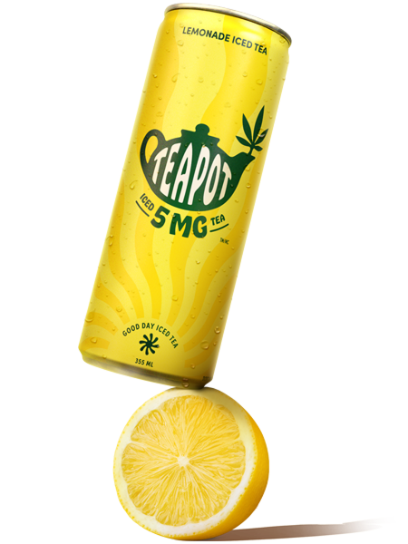 PDP_lemonade-iced-tea-5mg A Can of TeaPot Lemonade Iced Tea 5MG balancing on a lemon.l