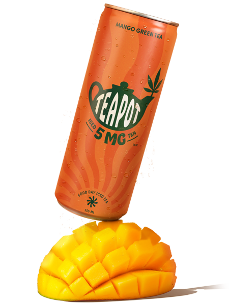 PDP_mango-green-tea-5mg A can of TeaPot Mango Green Tea & Pedro’s Sweet Sativa balancing on a cut up mango.
