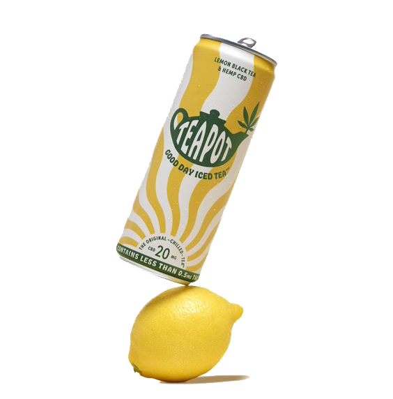 A can of TeaPot Lemon and Black Tea Hemp & CBD balancing on a lemon